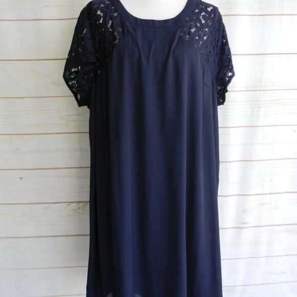 TORRID NAVY BLUE SHORT SLEEVE SHEATH DRESS W/FLORAL LACE SLEEVES SZ 20 20W - Picture 1 of 5
